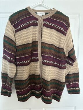 dressbarn Beige Cardigan with Burgundy, Green and Brown Stripes